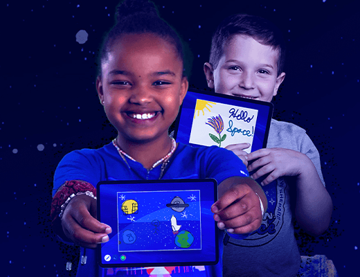 Two kids hold up tablets, showing off illustrated digital postcards