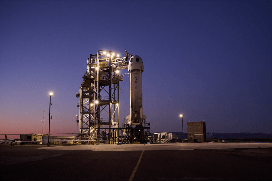 A close up of New Shepard on the launch pad.